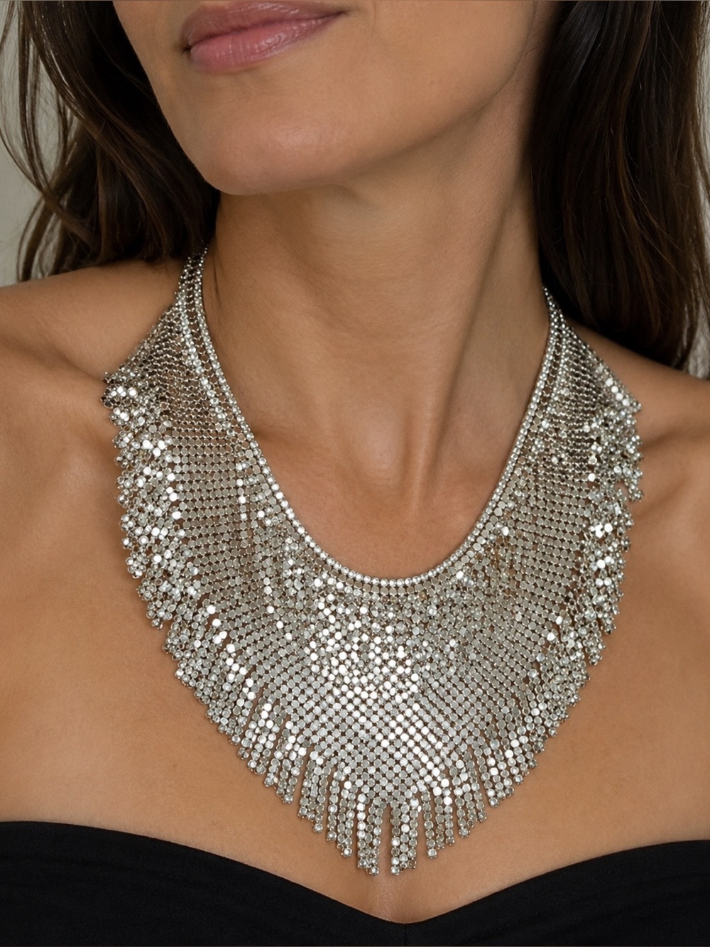 Vintage 1970's Silver Metal Mesh Scarf Style Bib Necklace whiting & davis style